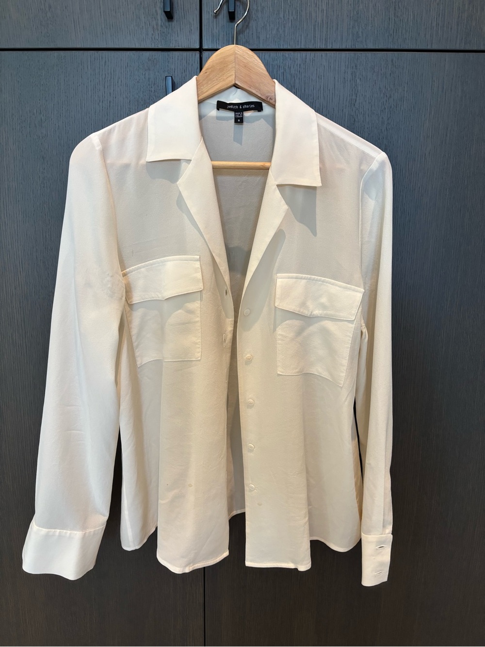 100% Silk White Relaxed Button-Up Pocket Blouse